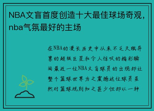NBA文盲首度创造十大最佳球场奇观，nba气氛最好的主场