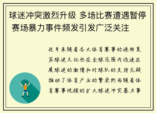 球迷冲突激烈升级 多场比赛遭遇暂停 赛场暴力事件频发引发广泛关注 球迷冲突激烈升级 多场比赛遭遇暂停 赛场暴力事件频发引发广泛关注