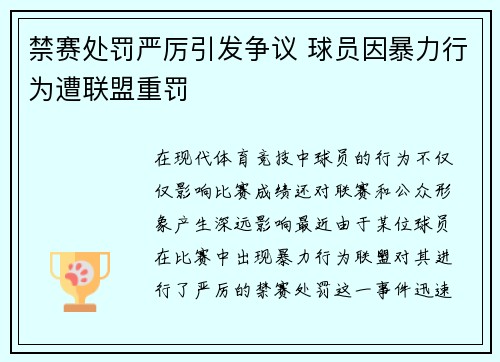 禁赛处罚严厉引发争议 球员因暴力行为遭联盟重罚 禁赛处罚严厉引发争议 球员因暴力行为遭联盟重罚