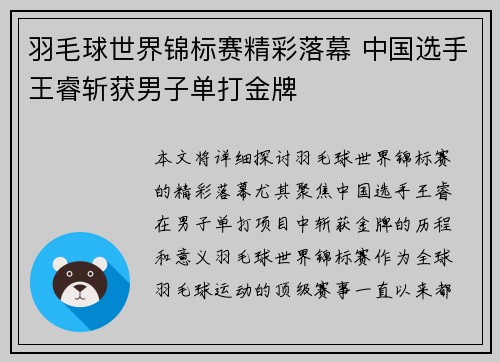 羽毛球世界锦标赛精彩落幕 中国选手王睿斩获男子单打金牌 羽毛球世界锦标赛精彩落幕 中国选手王睿斩获男子单打金牌